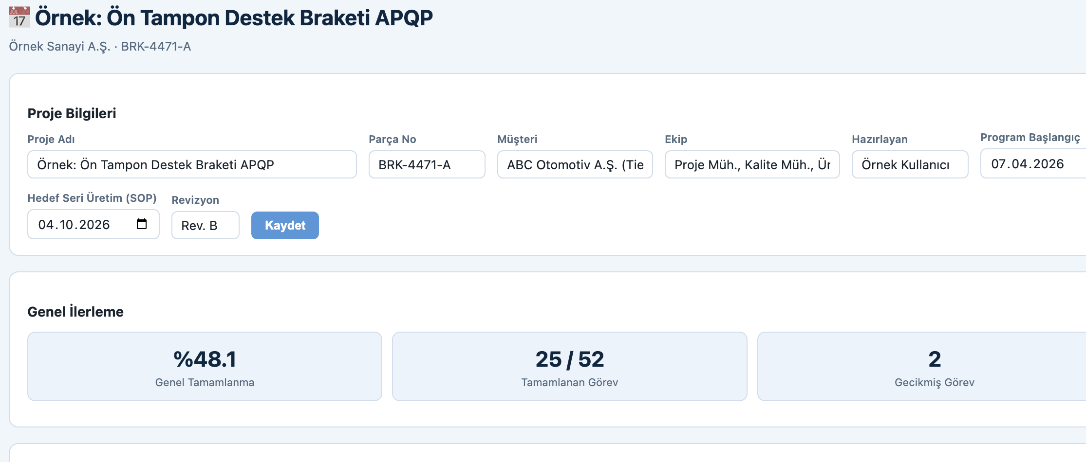 APQP — Proje bilgileri & ilerleme