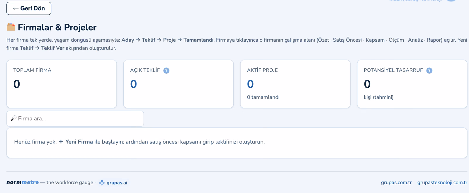 normmetre — Firma & projeyi açın