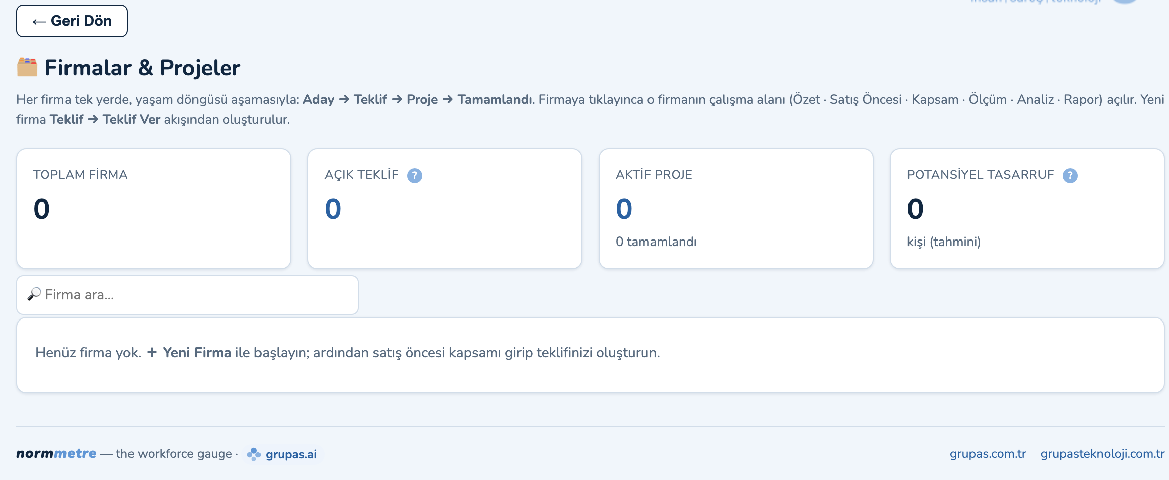 normmetre — Firma & projeyi açın