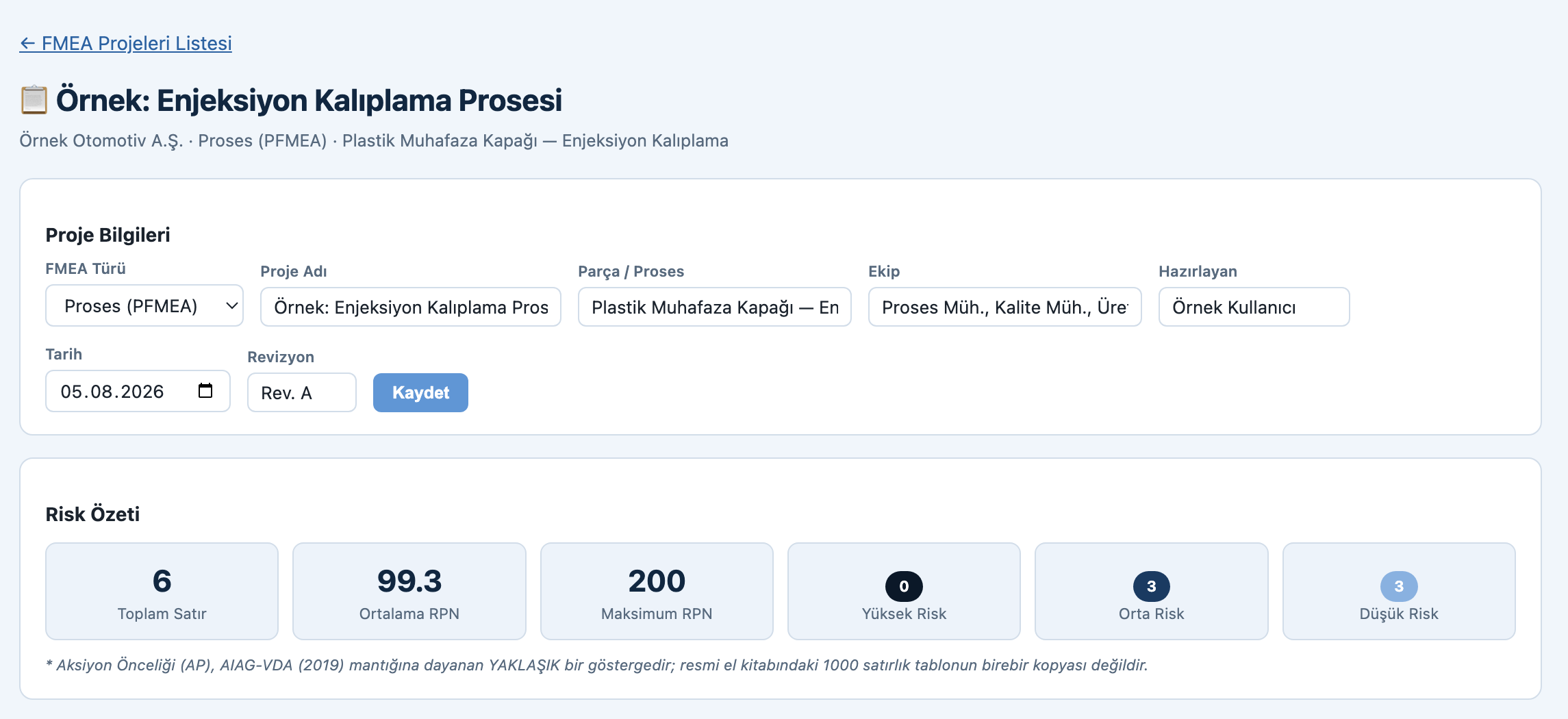 FMEA — Proje bilgilerini tanımlayın