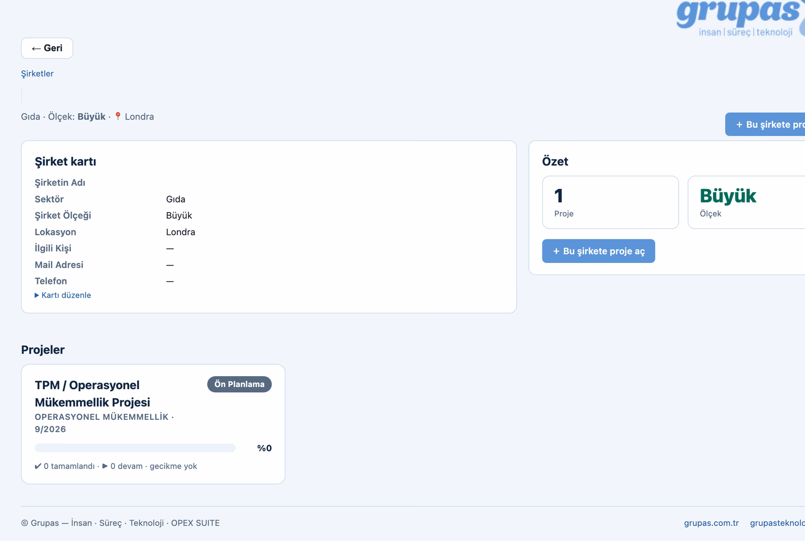 OPEX Suite — Şirket & proje oluşturun