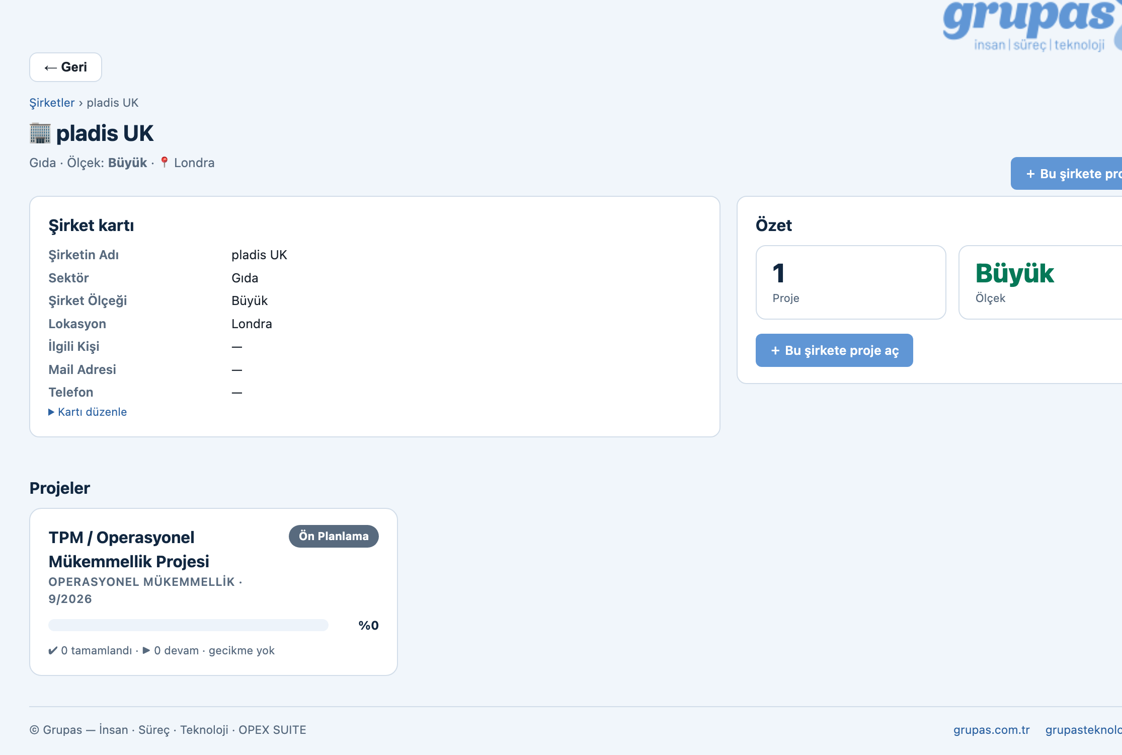 OPEX Suite — Şirket & proje oluşturun