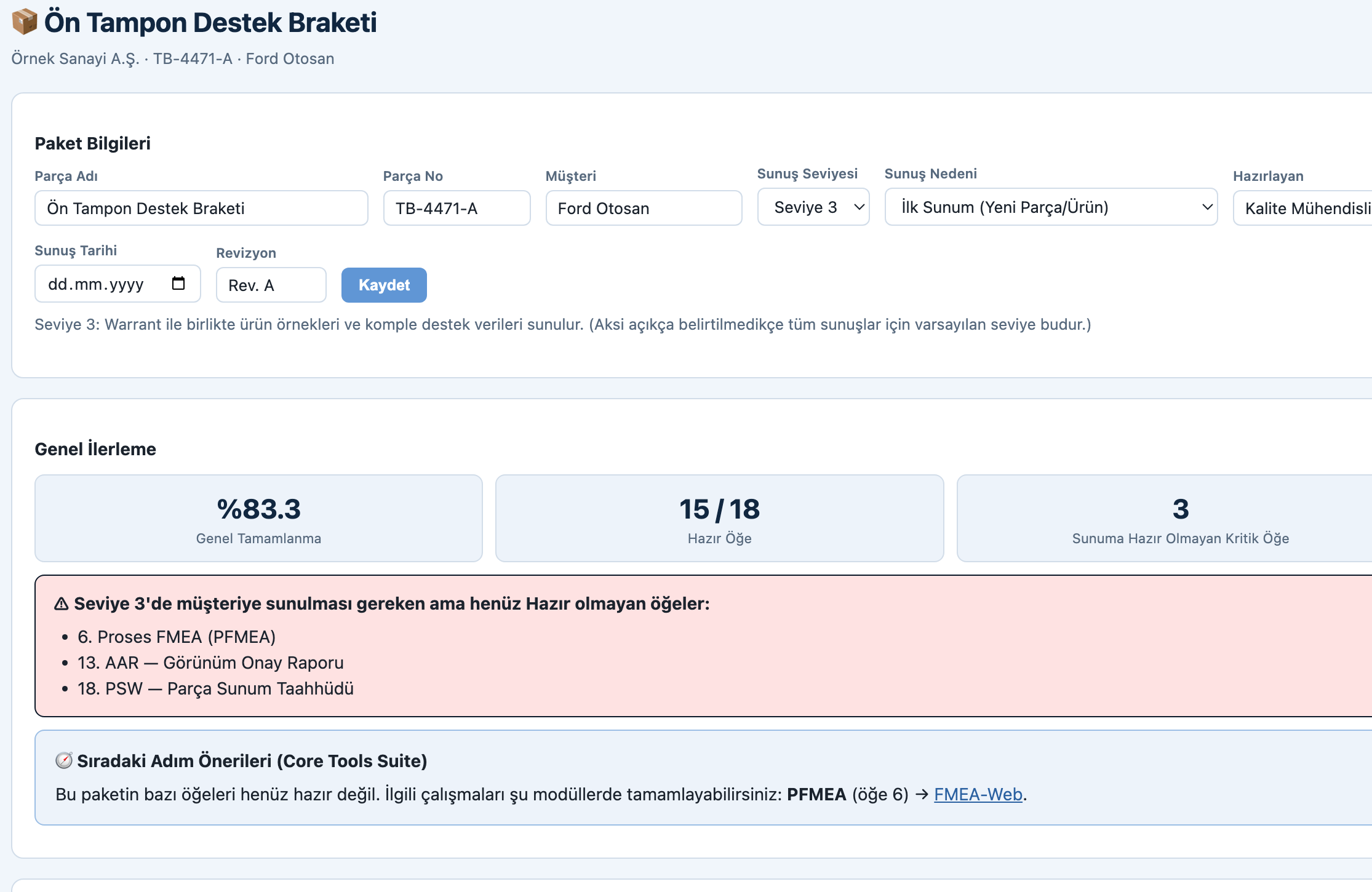PPAP — Paket bilgileri & hazırlık